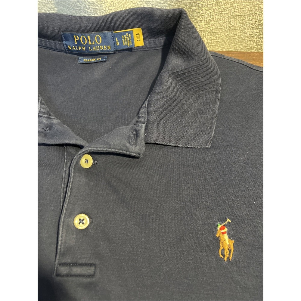 Polo Ralph Lauren Men's Large Classic Fit Soft Cotton Polo Shirt Navy Flesh Pony - Picture 2 of 3